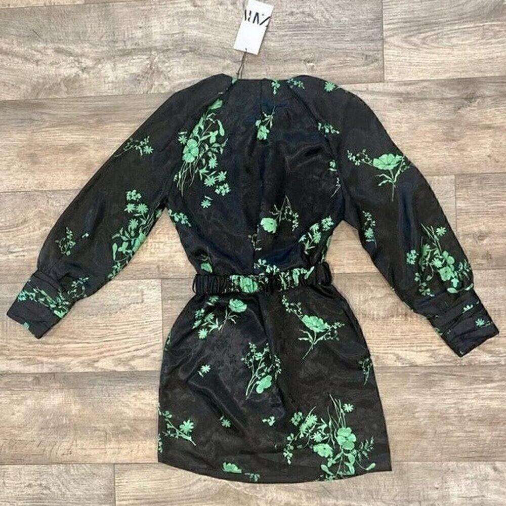 Zara Green Floral Long Sleeve Mini Dress Belted NWT - Picture 16 of 16